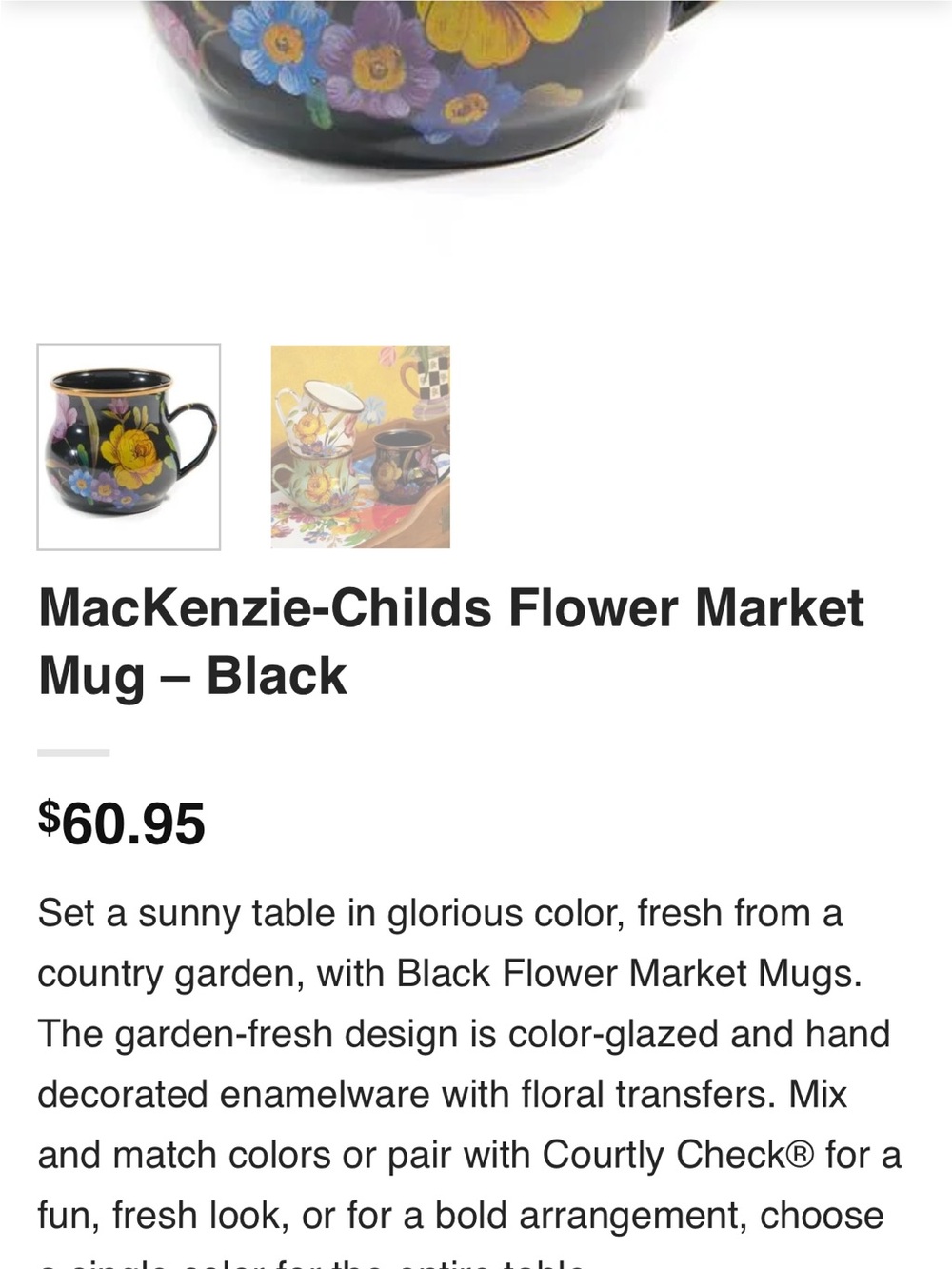 MacKenzie-Childs Black Flower Market Enamel Mug with Gold Rim - Picture 3 of 3